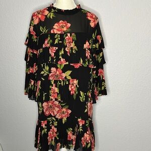 Forever 21 Contemporary Black Floral Tiered Long Sleeve Dress Medium